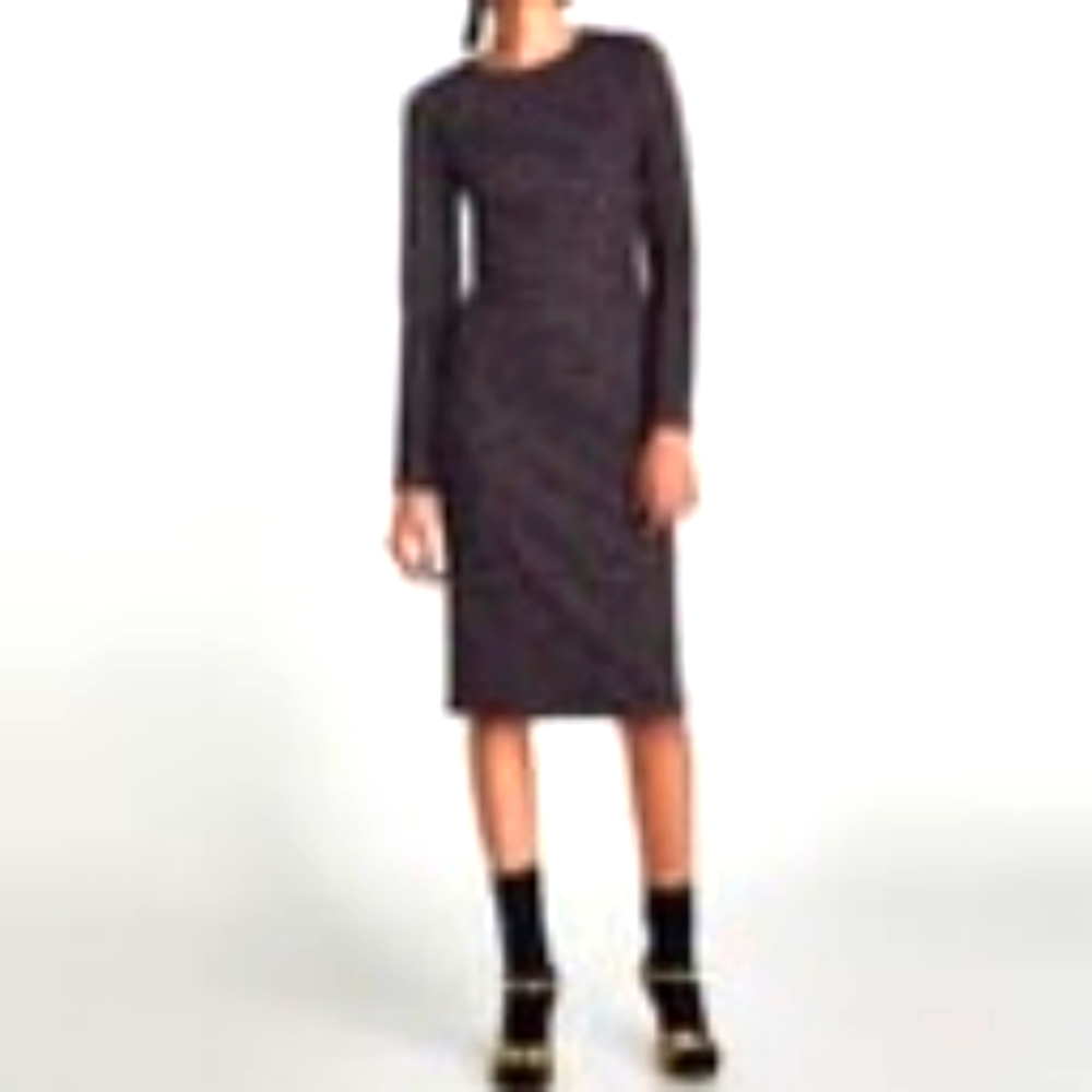 Zara Dress Bodycon Check Grey Burgundy Round Neck Long Sleeve